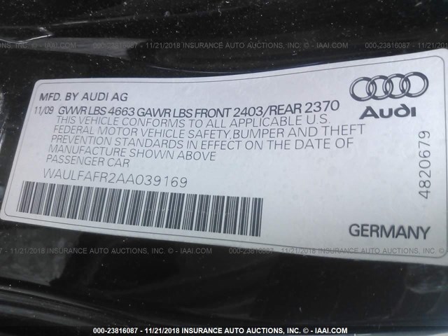 WAULFAFR2AA039169 - 2010 AUDI A5 PREMIUM PLUS BLACK photo 9