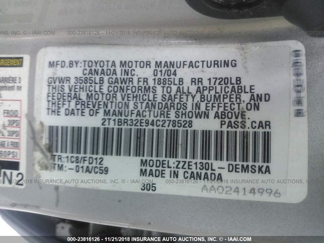 2T1BR32E94C278528 - 2004 TOYOTA COROLLA CE/LE/S SILVER photo 9