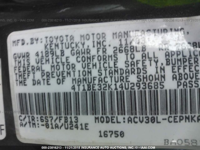 4T1BE32K14U293685 - 2004 TOYOTA CAMRY LE/XLE/SE GREEN photo 9