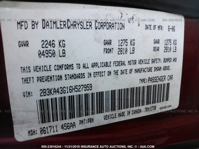 2B3KA43G16H527959 - 2006 DODGE CHARGER SE/SXT RED photo 9