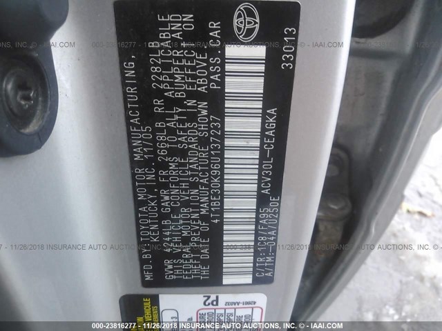 4T1BE30K96U137237 - 2006 TOYOTA CAMRY LE/XLE/SE SILVER photo 9