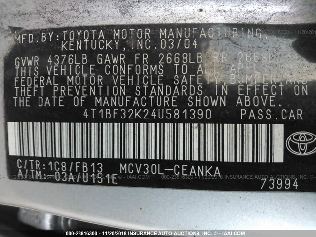 4T1BF32K24U581390 - 2004 TOYOTA CAMRY LE/XLE/SE SILVER photo 9