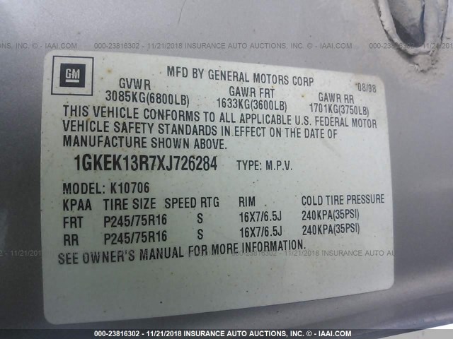 1GKEK13R7XJ726284 - 1999 GMC YUKON GRAY photo 9