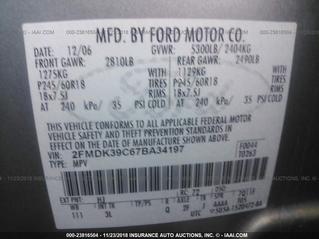 2FMDK39C67BA34197 - 2007 FORD EDGE SEL PLUS SILVER photo 9