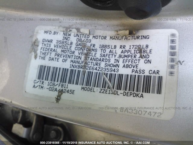 1NXBR32E64Z235943 - 2004 TOYOTA COROLLA CE/LE/S GRAY photo 9