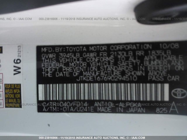 JTKDE167690294510 - 2009 TOYOTA SCION TC 白色 照片 9
