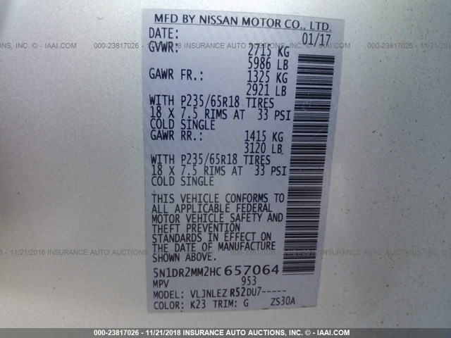 5N1DR2MM2HC657064 - 2017 NISSAN PATHFINDER S/SV/SL/PLATINUM SILVER photo 9