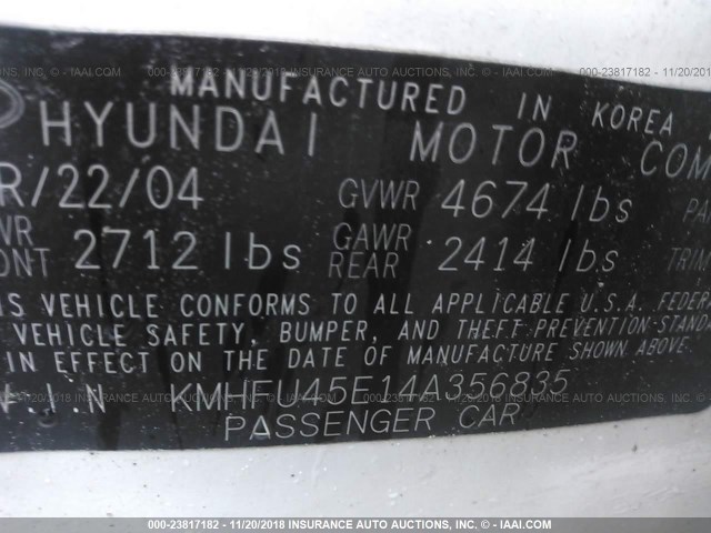 KMHFU45E14A356835 - 2004 HYUNDAI XG WHITE photo 9