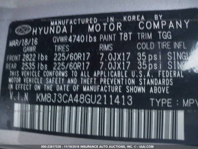 KM8J3CA48GU211413 - 2016 HYUNDAI TUCSON LIMITED/SPORT AND ECO/SE SILVER photo 9