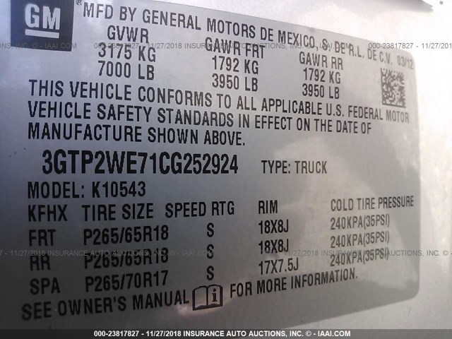 3GTP2WE71CG252924 - 2012 GMC SIERRA K1500 SLT SILVER photo 9