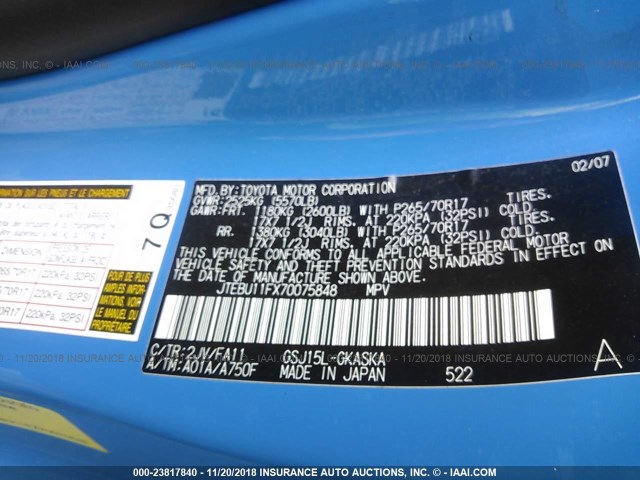 JTEBU11FX70075848 - 2007 TOYOTA FJ CRUISER BLUE photo 9