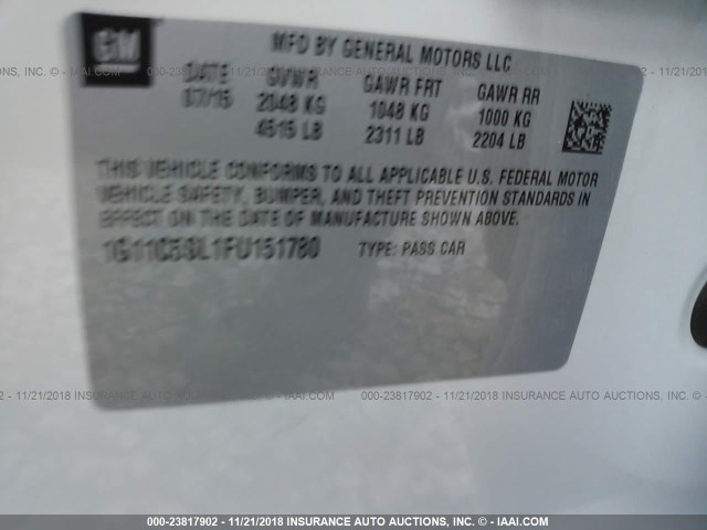 1G11C5SL1FU151780 - 2015 CHEVROLET MALIBU 1LT WHITE photo 9