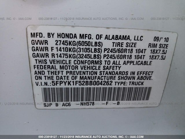 5FPYK1F52BB004262 - 2011 HONDA RIDGELINE RTL WHITE photo 9