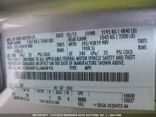 5LMCJ3B90FUJ40910 - 2015 LINCOLN MKC BLACK LABEL Արծաթագույն լուսանկար 9