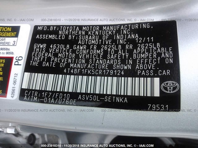 4T4BF1FK5CR179124 - 2012 TOYOTA CAMRY SE/LE/XLE SILVER photo 9