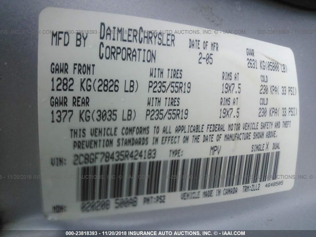 2C8GF78435R424183 - 2005 CHRYSLER PACIFICA LIMITED SILVER photo 9