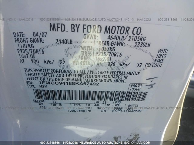 1FMCU94188KA62492 - 2008 FORD ESCAPE LIMITED WHITE photo 9