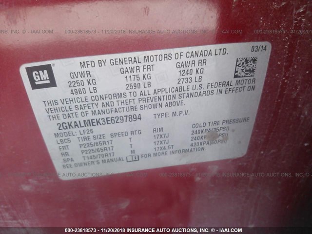 2GKALMEK3E6297894 - 2014 GMC TERRAIN SLE RED photo 9