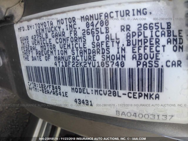 4T1BF22K2YU105740 - 2000 TOYOTA CAMRY LE/XLE 灰色 照片 9