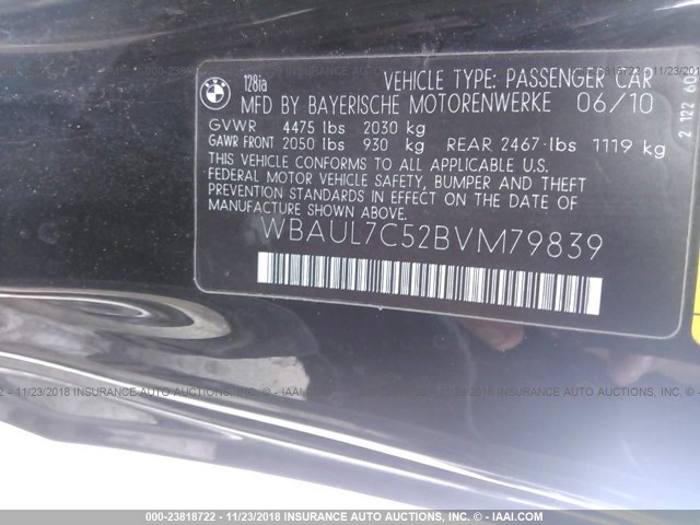 WBAUL7C52BVM79839 - 2011 BMW 128 I BLACK photo 9