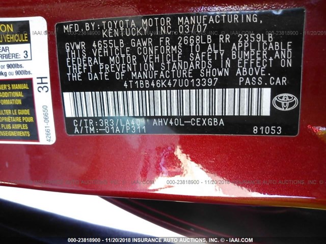 4T1BB46K47U013397 - 2007 TOYOTA CAMRY NEW GENERAT HYBRID RED photo 9