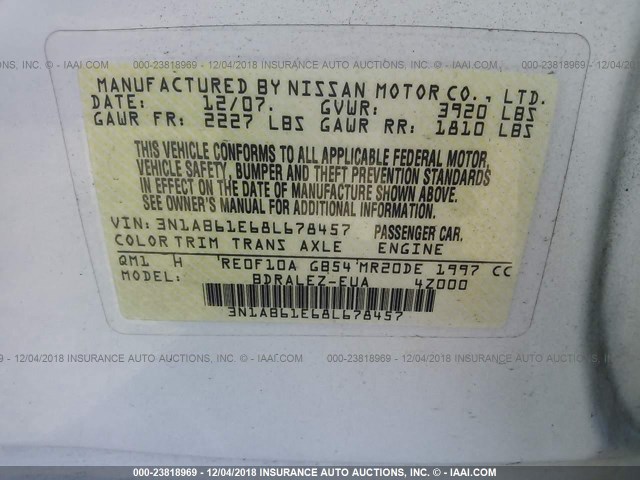 3N1AB61E68L678457 - 2008 NISSAN SENTRA 2.0/2.0S/2.0SL WHITE photo 9