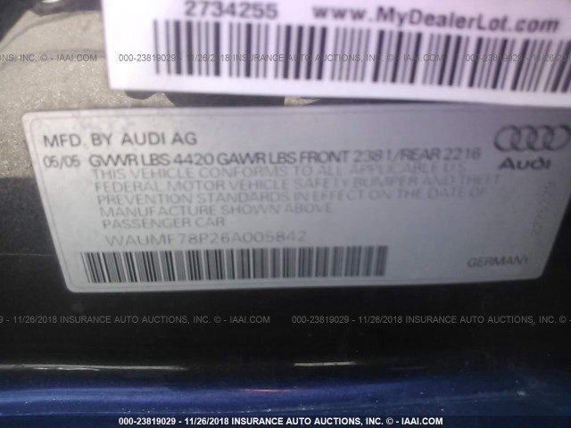 WAUMF78P26A005842 - 2006 AUDI A3 2.0 SPORT BLACK photo 9