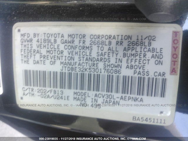 JTDBE32K530176086 - 2003 TOYOTA CAMRY LE/XLE Қара фото 9