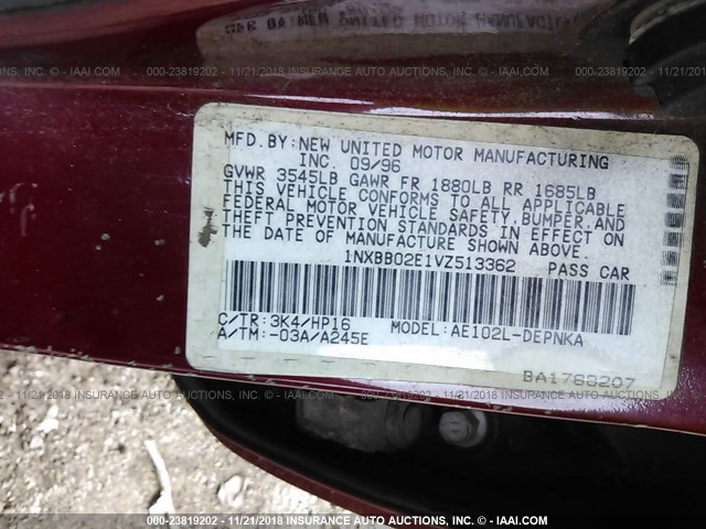 1NXBB02E1VZ513362 - 1997 TOYOTA COROLLA DX RED photo 9