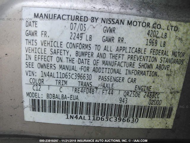 1N4AL11D65C396630 - 2005 NISSAN ALTIMA S/SL GOLD photo 9