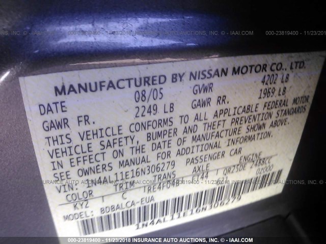 1N4AL11E16N306279 - 2006 NISSAN ALTIMA S/SL GRAY photo 9