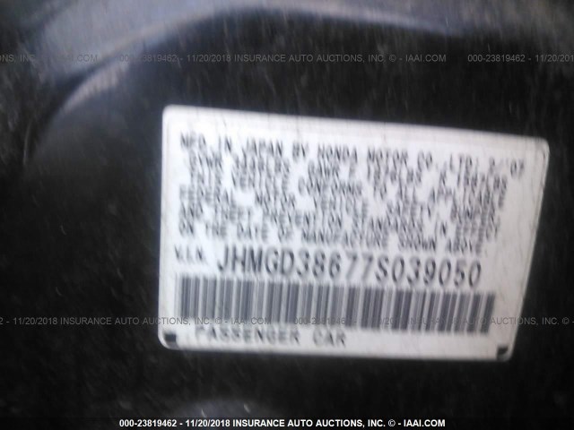 JHMGD38677S039050 - 2007 HONDA FIT S BLACK photo 9