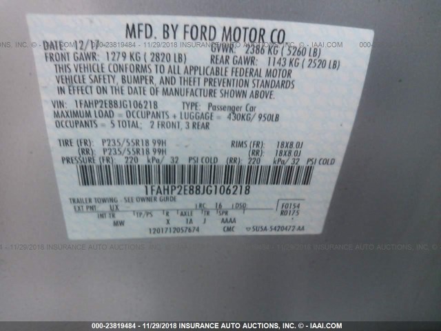 1FAHP2E88JG106218 - 2018 FORD TAURUS SEL SILVER photo 9