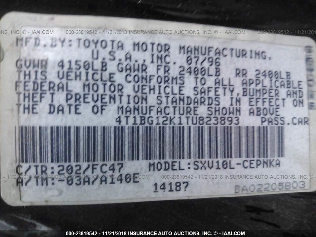 4T1BG12K1TU823893 - 1996 TOYOTA CAMRY DX/LE/XLE BLACK photo 9