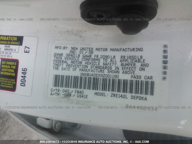 1NXBU40EX9Z001190 - 2009 TOYOTA COROLLA S/LE/XLE WHITE photo 9