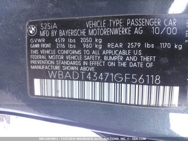 WBADT43471GF56118 - 2001 BMW 525 I AUTOMATIC BLUE photo 9