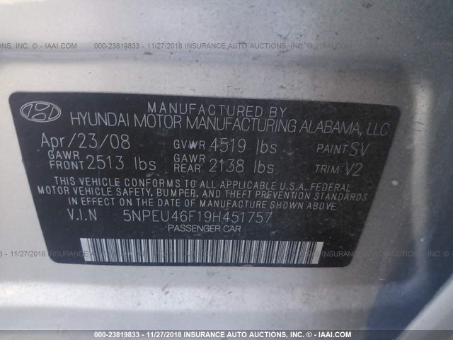 5NPEU46F19H451757 - 2009 HYUNDAI SONATA SE/LIMITED TAN photo 9