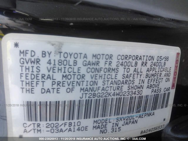 JT2BG22K4W0233430 - 1998 TOYOTA CAMRY CE/LE/XLE BLACK photo 9