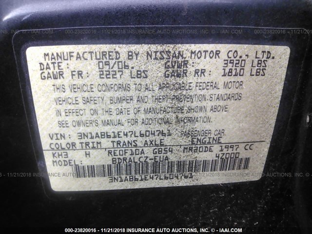 3N1AB61E47L604761 - 2007 NISSAN SENTRA 2.0/2.0S/2.0SL BLACK photo 9