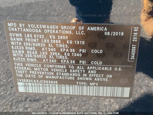 1V2ER2CAXJC593845 - 2018 VOLKSWAGEN ATLAS SEL BLUE photo 9