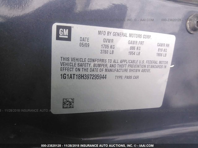 1G1AT18H397295944 - 2009 CHEVROLET COBALT LT GRAY photo 9