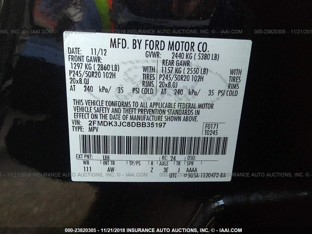 2FMDK3JC8DBB35197 - 2013 FORD EDGE SEL BLACK photo 9