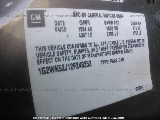 1G2WK52J12F248253 - 2002 PONTIAC GRAND PRIX SE 灰色 照片 9