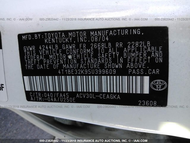 4T1BE32K95U399609 - 2005 TOYOTA CAMRY LE/XLE/SE WHITE photo 9