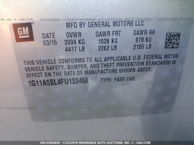 1G11A5SL4FU133456 - 2015 CHEVROLET MALIBU LS Gümüş foto 9