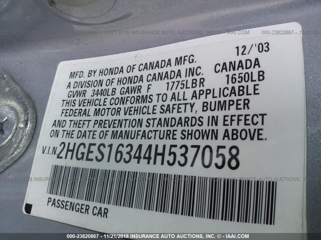 2HGES16344H537058 - 2004 HONDA CIVIC DX VP 银色 照片 9