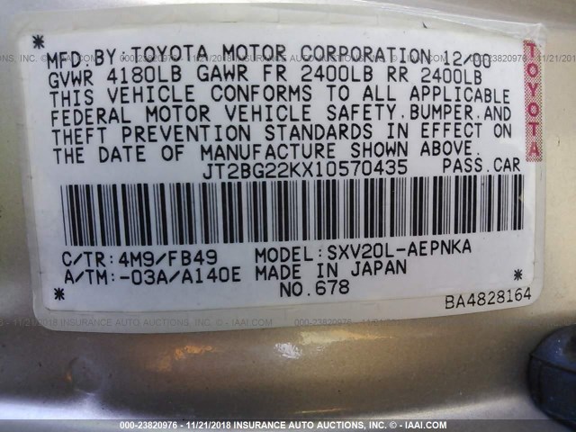 JT2BG22KX10570435 - 2001 TOYOTA CAMRY CE/LE/XLE 金色 照片 9