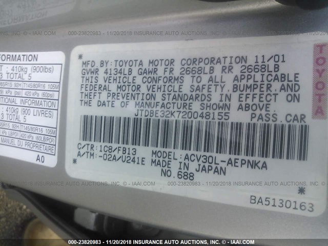 JTDBE32K720048155 - 2002 TOYOTA CAMRY LE/XLE/SE SILVER photo 9