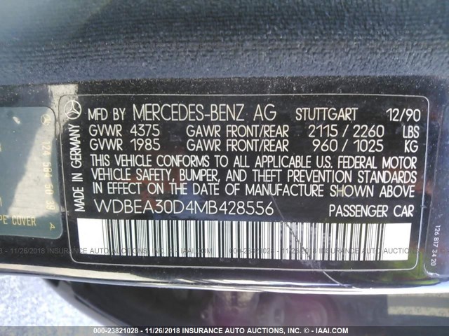 WDBEA30D4MB428556 - 1991 MERCEDES-BENZ 300 E BLACK photo 9