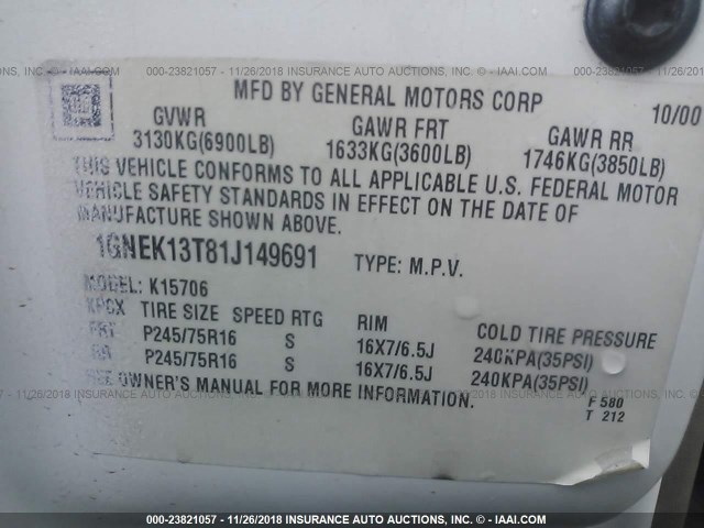 1GNEK13T81J149691 - 2001 CHEVROLET TAHOE K1500 WHITE photo 9